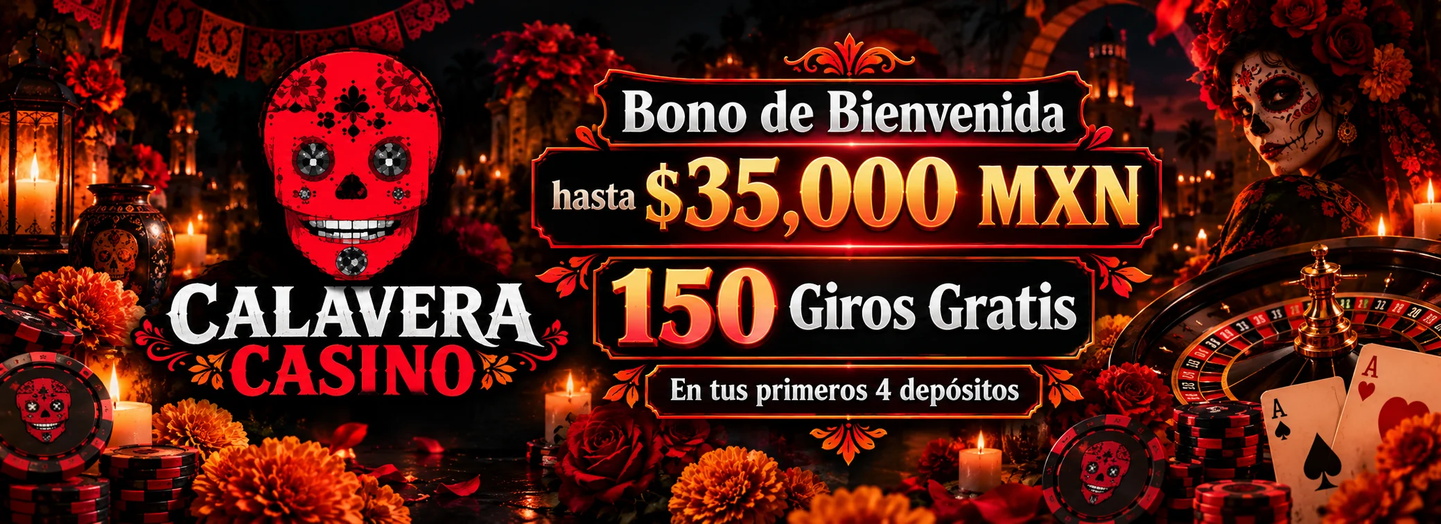 Bono de bienvenida Calavera Casino: hasta $35,000 MXN + 150 giros